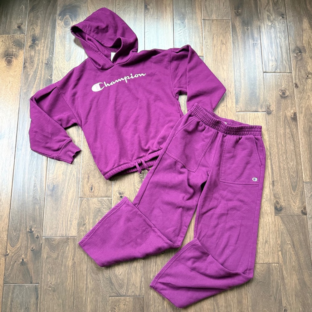 Champion Hoodie Sweatpants Set Kids Large 12/14 Purple Excellent Wide Leg Fleece